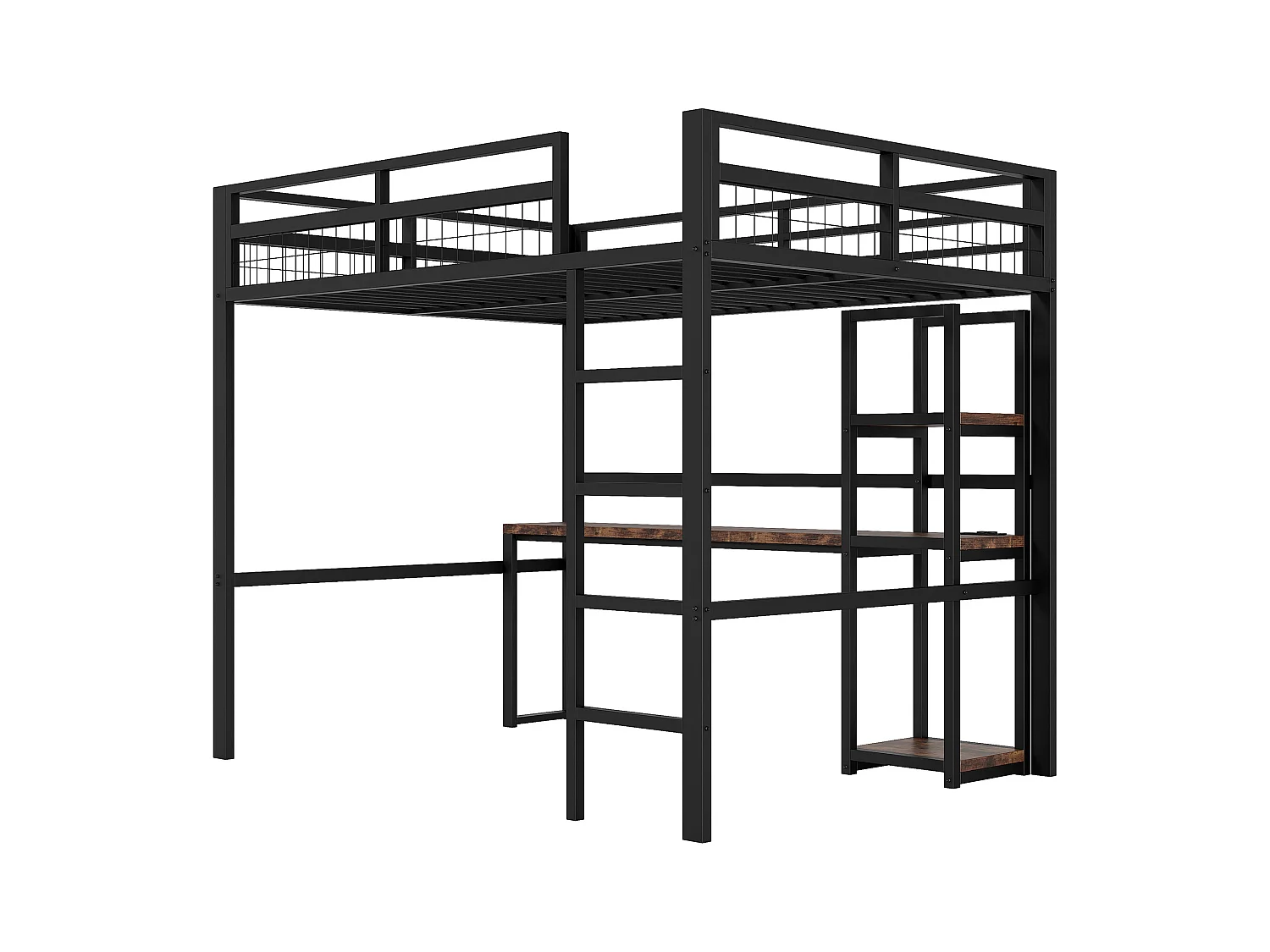 Lit mezzanine, 140 x 200 cm, cadre en métal, étagères multiples, bureau avec prise USB et Type-C (204x144x180 cm)