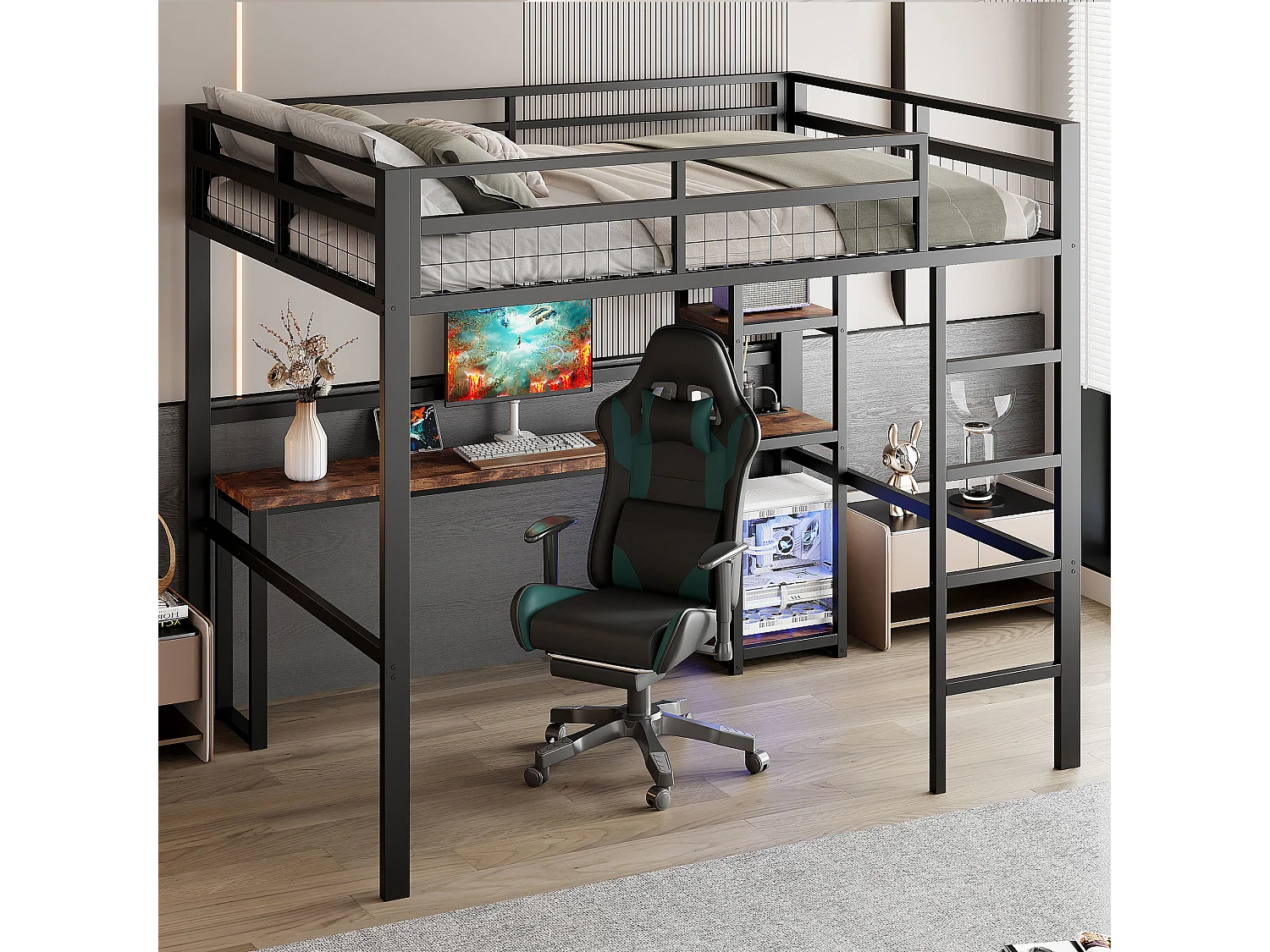 Lit mezzanine, 140 x 200 cm, cadre en métal, étagères multiples, bureau avec prise USB et Type-C (204x144x180 cm)