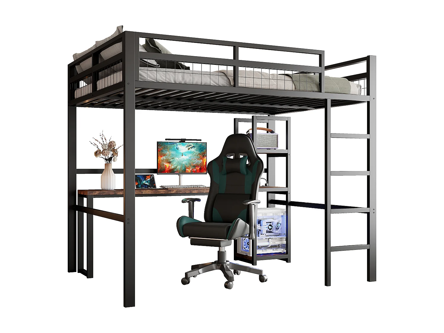 Lit mezzanine, 140 x 200 cm, cadre en métal, étagères multiples, bureau avec prise USB et Type-C (204x144x180 cm)