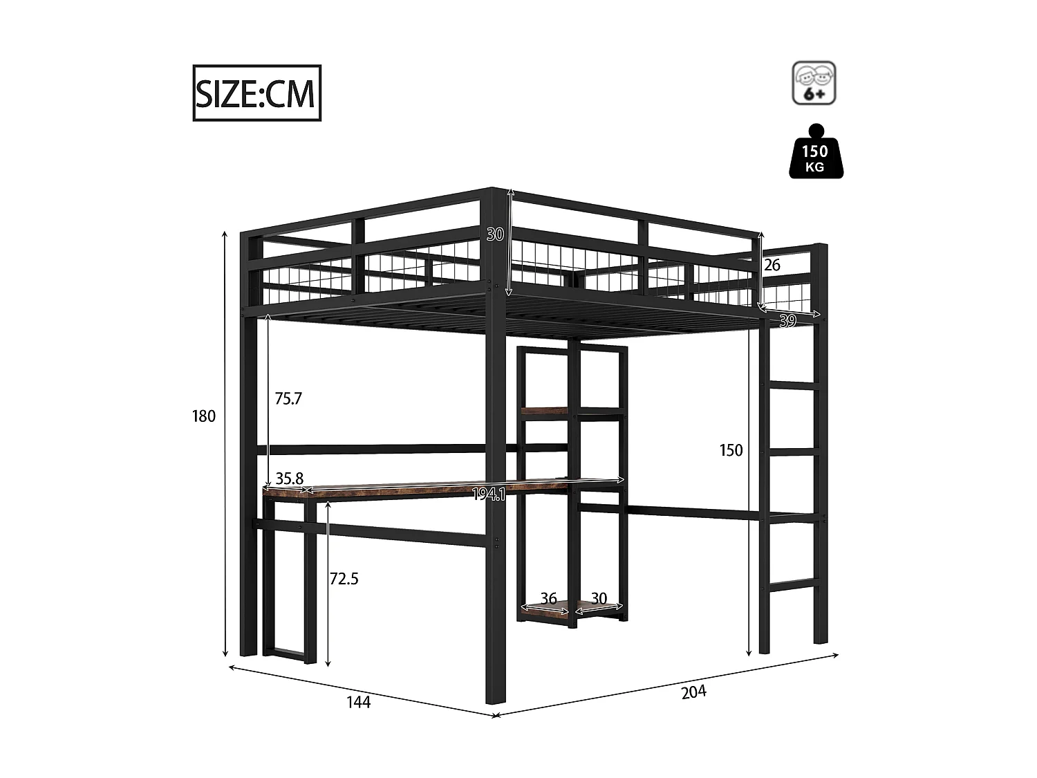 Lit mezzanine, 140 x 200 cm, cadre en métal, étagères multiples, bureau avec prise USB et Type-C (204x144x180 cm)