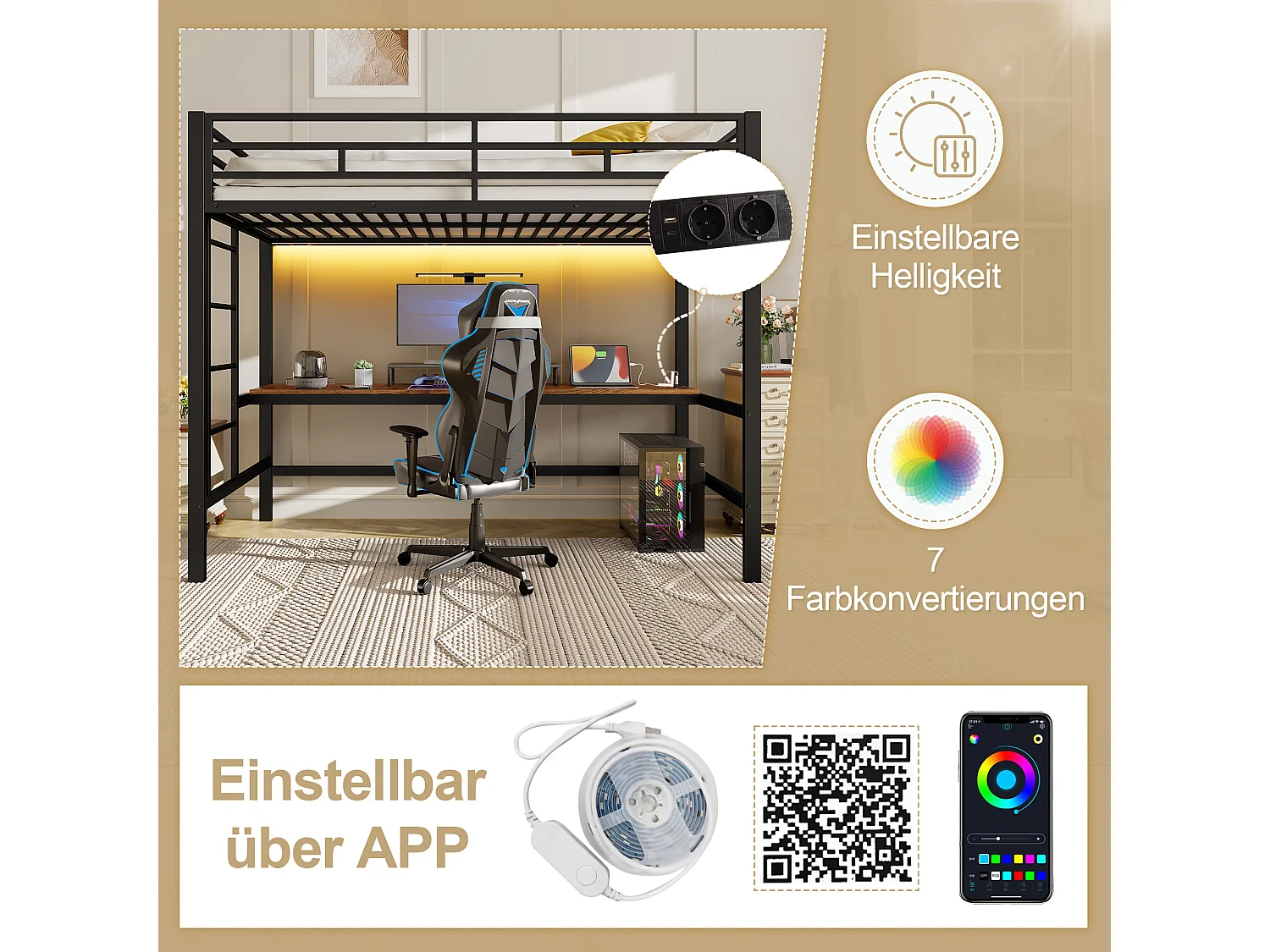 Lit mezzanine, 90x200 cm, avec garde-corps, échelle, bureau avec USB et prise, bandes LED contrôlables par application, métal, noir (204x94.5x183 cm)