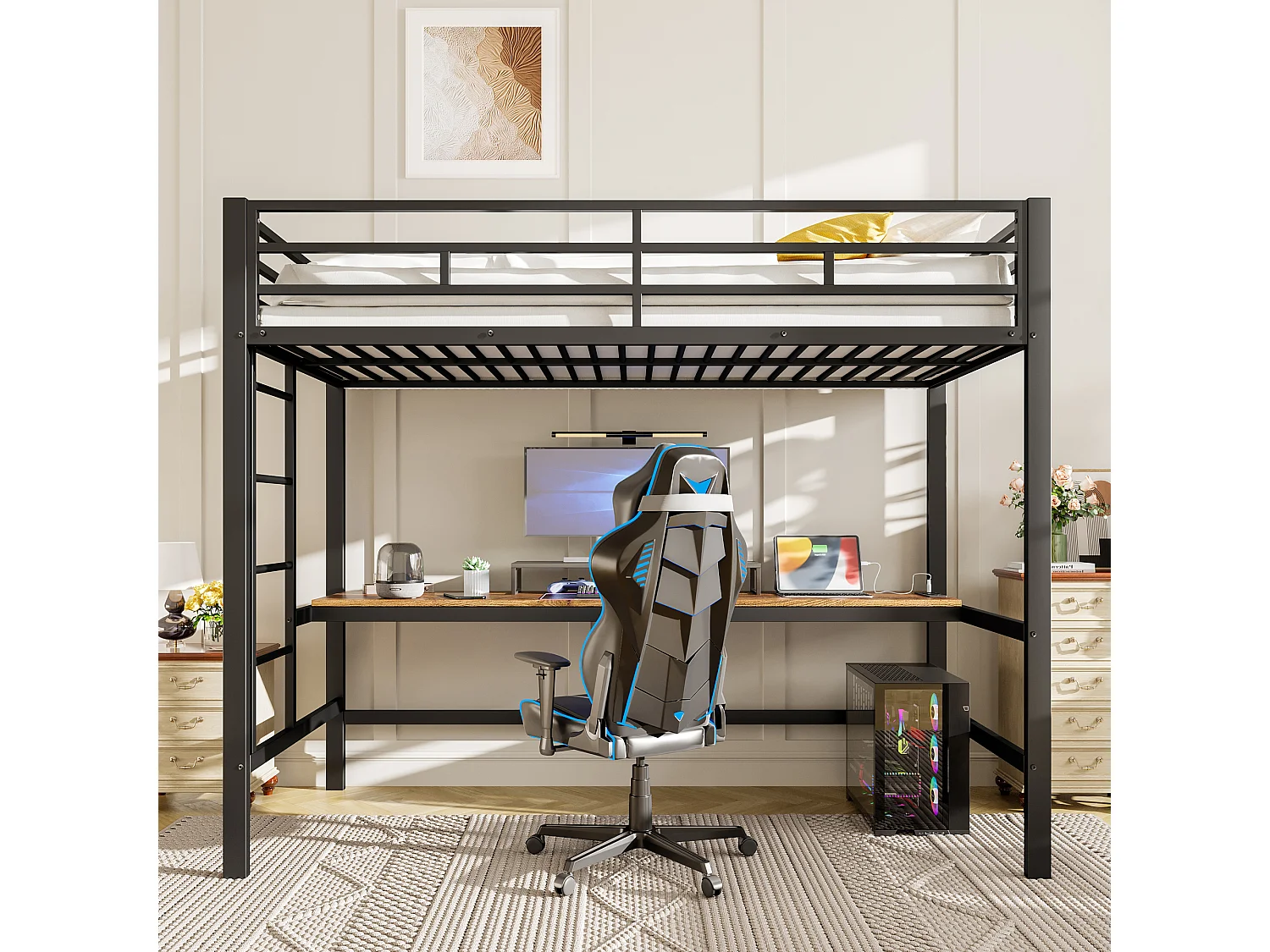Lit mezzanine, 90x200 cm, avec garde-corps, échelle, bureau avec USB et prise, bandes LED contrôlables par application, métal, noir (204x94.5x183 cm)