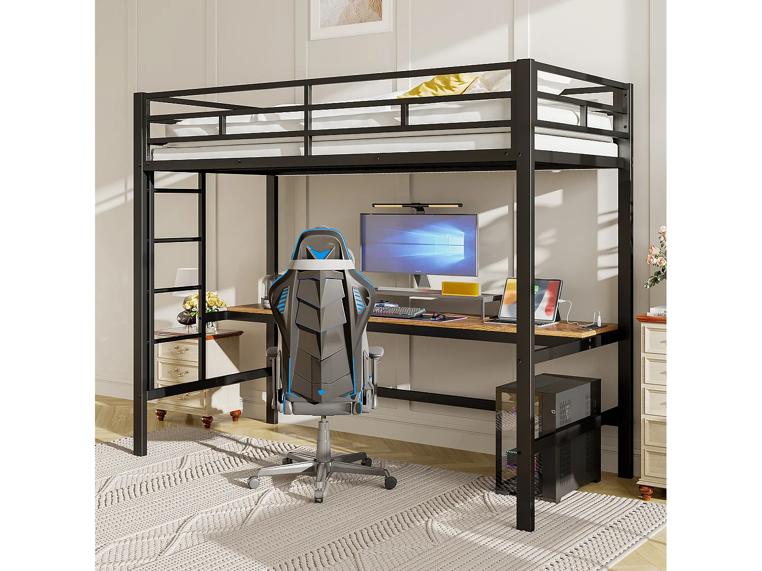 Lit mezzanine, 90x200 cm, avec garde-corps, échelle, bureau avec USB et prise, bandes LED contrôlables par application, métal, noir (204x94.5x183 cm)