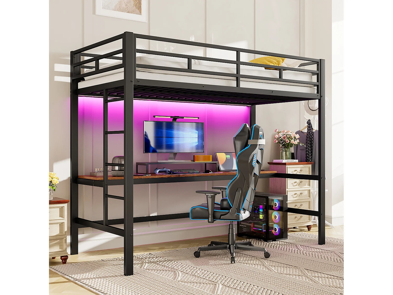 Lit mezzanine, 90x200 cm, avec garde-corps, échelle, bureau avec USB et prise, bandes LED contrôlables par application, métal, noir (204x94.5x183 cm)