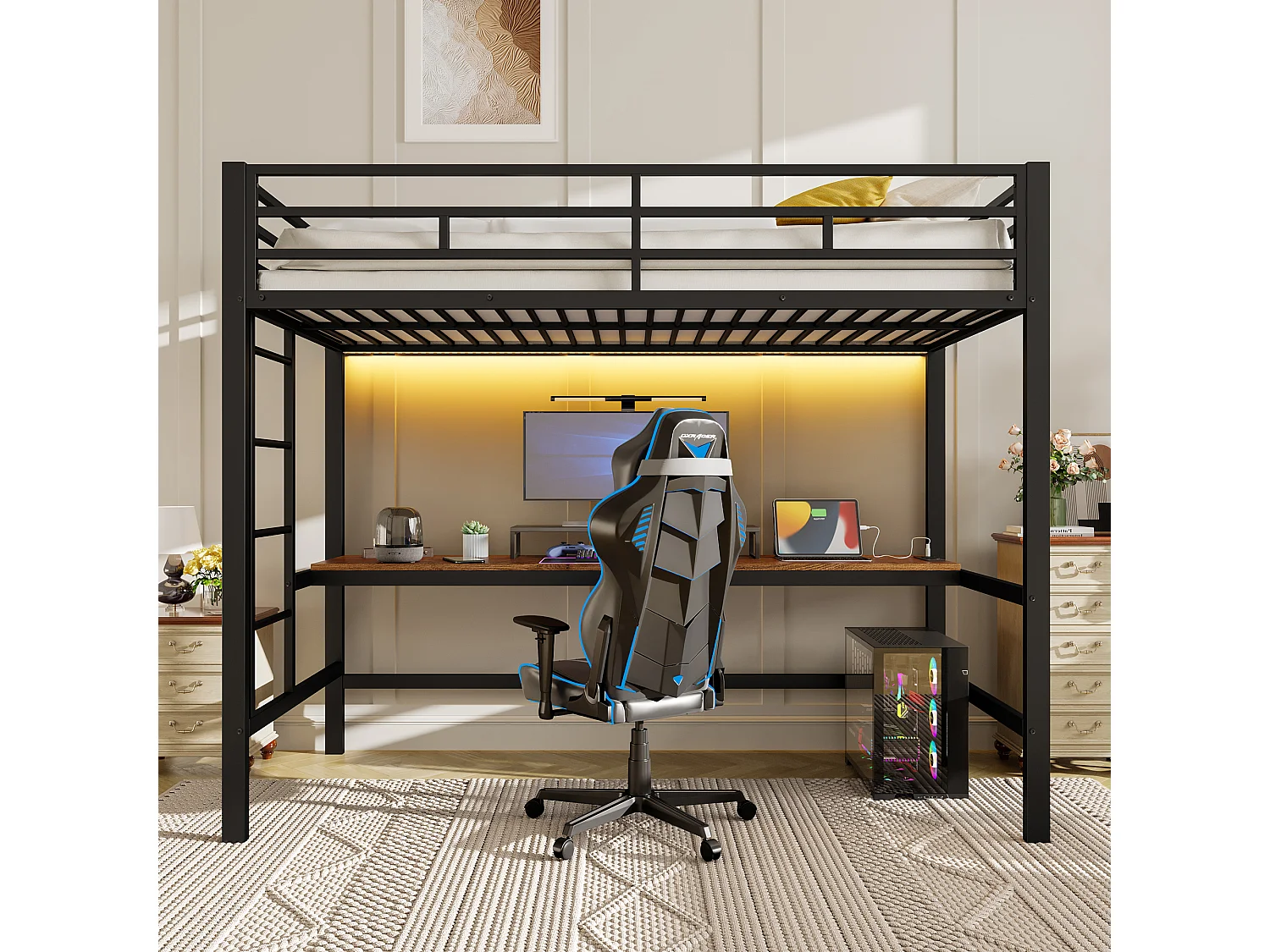 Lit mezzanine, 90x200 cm, avec garde-corps, échelle, bureau avec USB et prise, bandes LED contrôlables par application, métal, noir (204x94.5x183 cm)