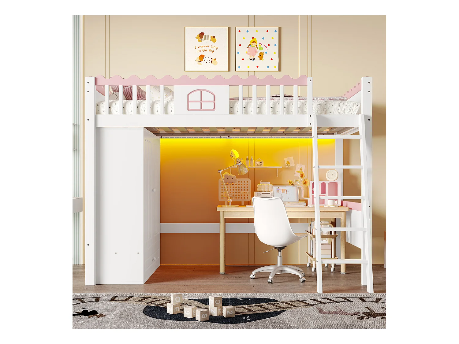 Lit mezzanine 90x200cm, lit enfant avec LED, étagères et penderie, en pin, blanc (246.5x170.3x160.8 cm)