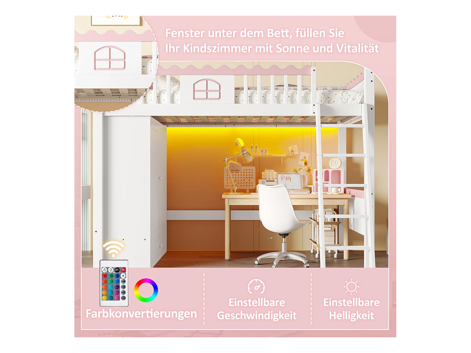 Lit mezzanine 90x200cm, lit enfant avec LED, étagères et penderie, en pin, blanc (246.5x170.3x160.8 cm)