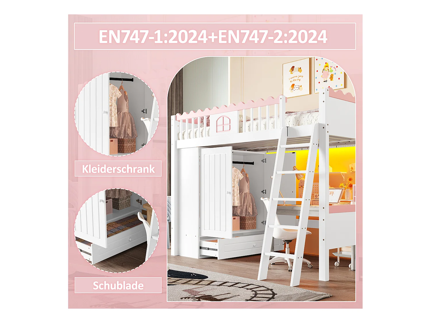 Lit mezzanine 90x200cm, lit enfant avec LED, étagères et penderie, en pin, blanc (246.5x170.3x160.8 cm)