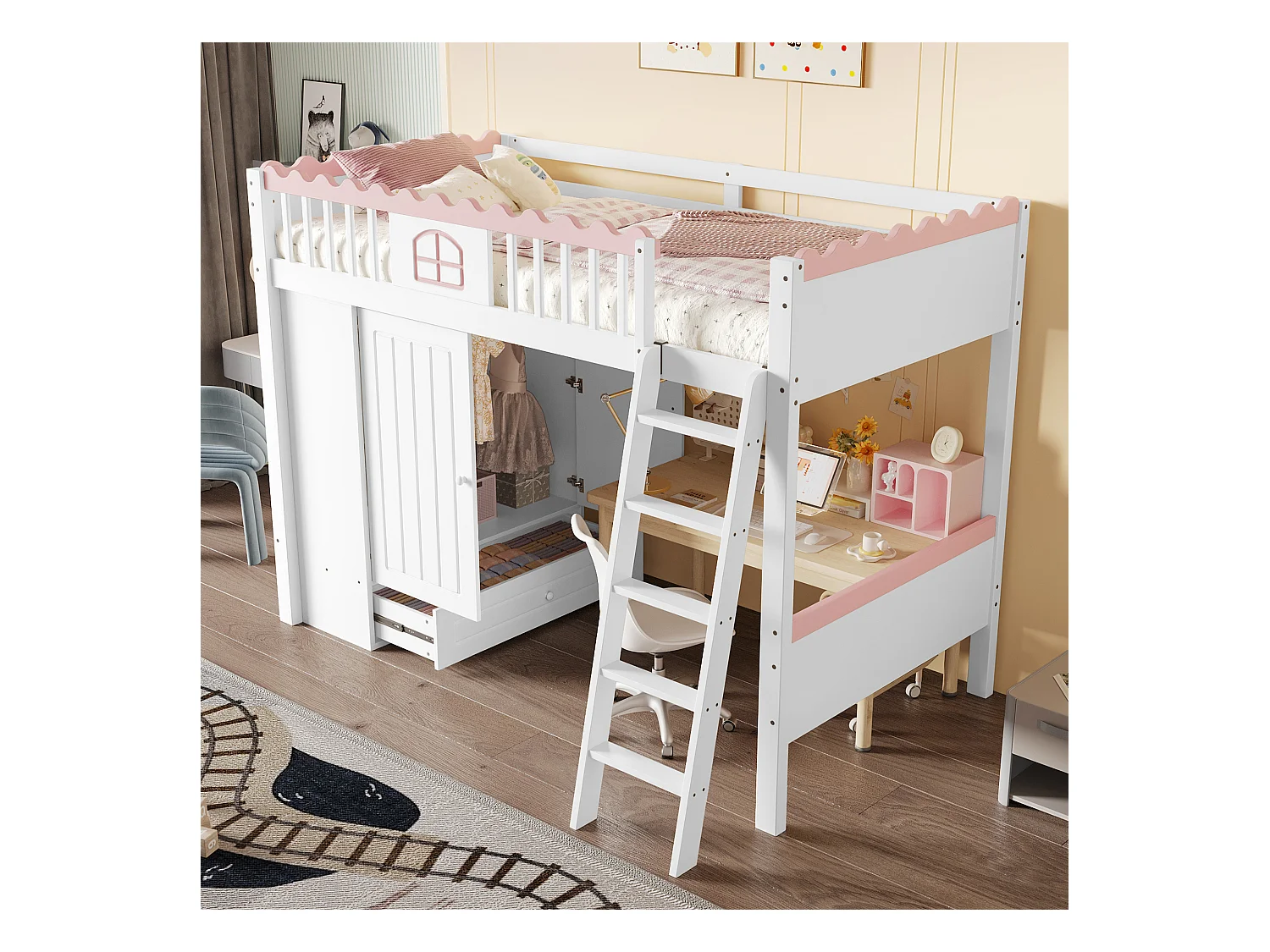 Lit mezzanine 90x200cm, lit enfant avec LED, étagères et penderie, en pin, blanc (246.5x170.3x160.8 cm)