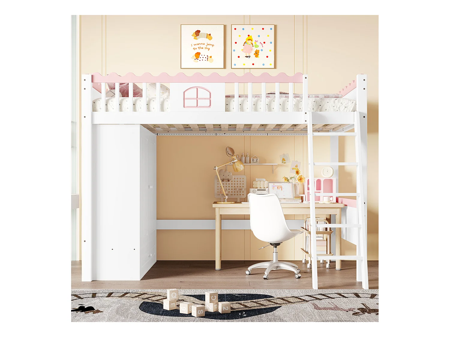 Lit mezzanine 90x200cm, lit enfant avec LED, étagères et penderie, en pin, blanc (246.5x170.3x160.8 cm)