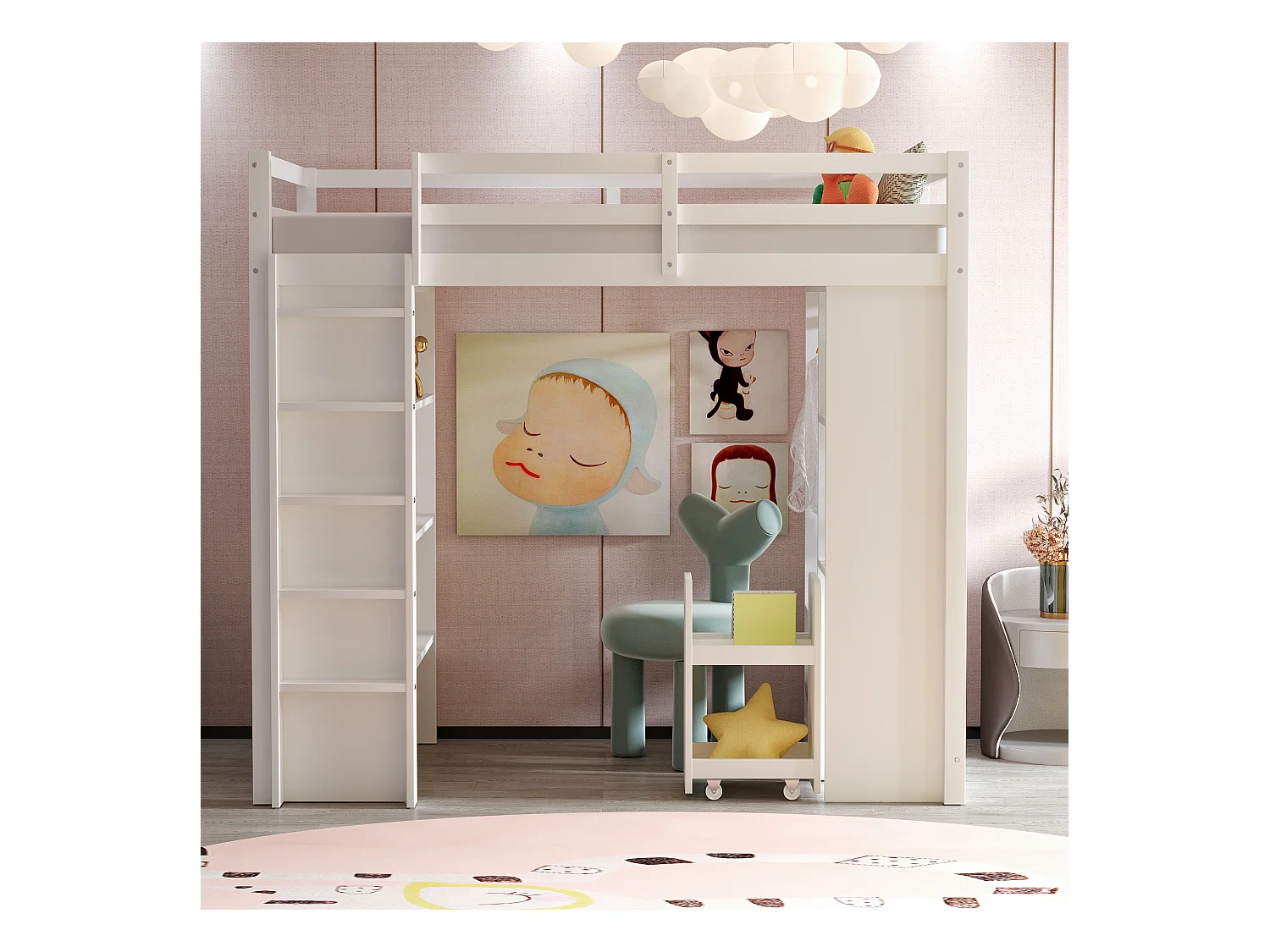 Lit mezzanine 90 x 200 cm, avec étagères multi-niveaux, penderie, tiroirs et chariot de rangement amovible, blanc (205x95x180 cm)