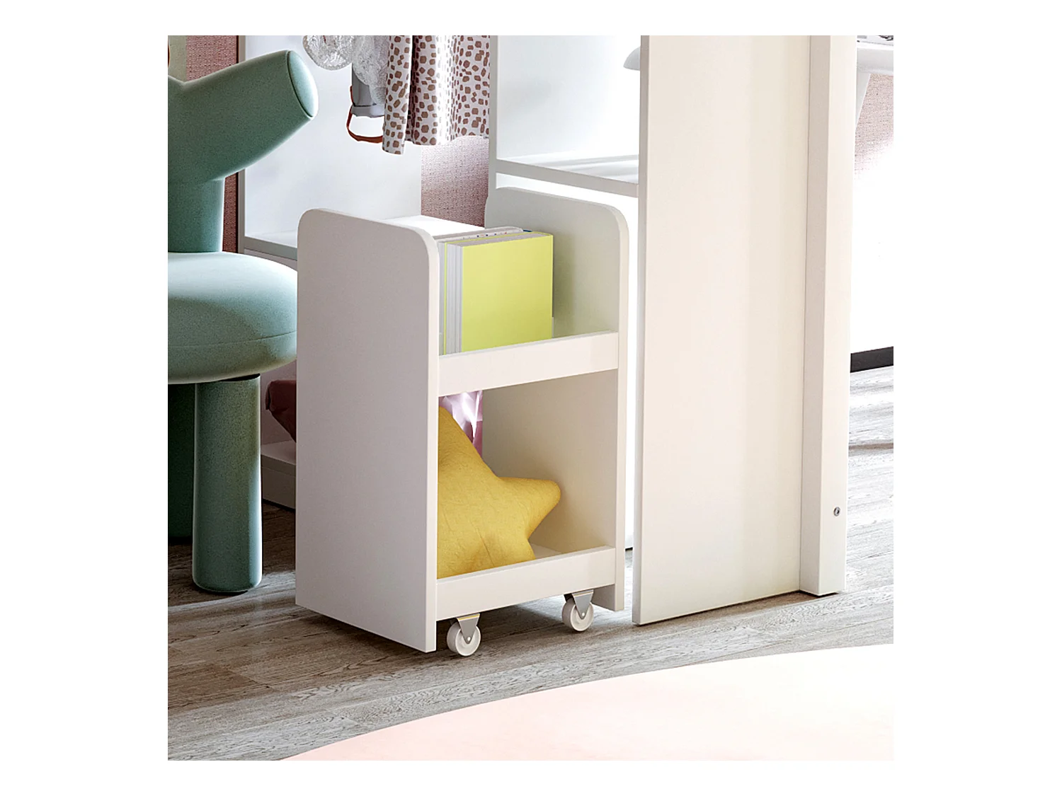 Lit mezzanine 90 x 200 cm, avec étagères multi-niveaux, penderie, tiroirs et chariot de rangement amovible, blanc (205x95x180 cm)