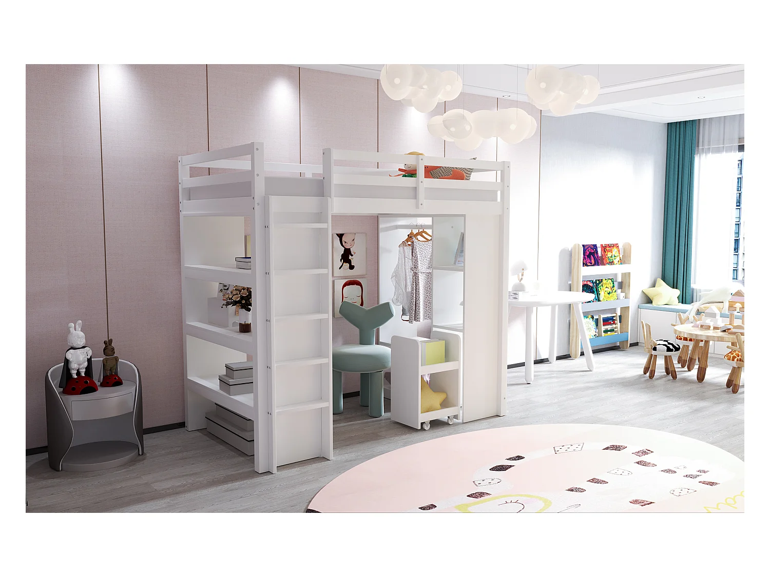 Lit mezzanine 90 x 200 cm, avec étagères multi-niveaux, penderie, tiroirs et chariot de rangement amovible, blanc (205x95x180 cm)