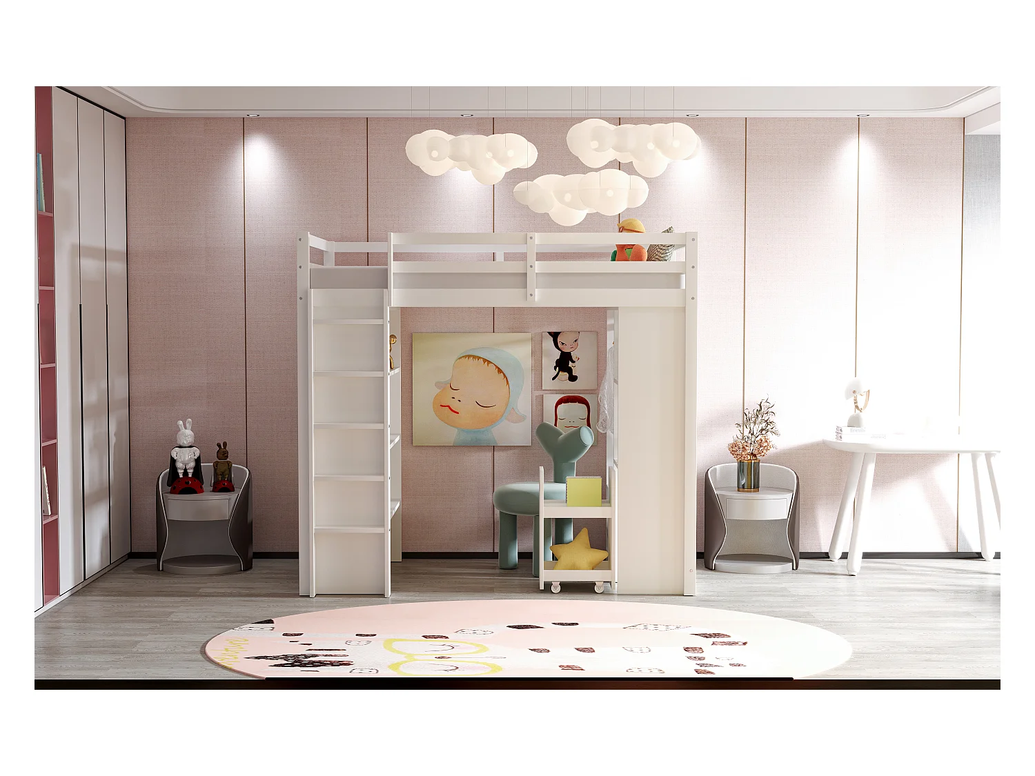 Lit mezzanine 90 x 200 cm, avec étagères multi-niveaux, penderie, tiroirs et chariot de rangement amovible, blanc (205x95x180 cm)