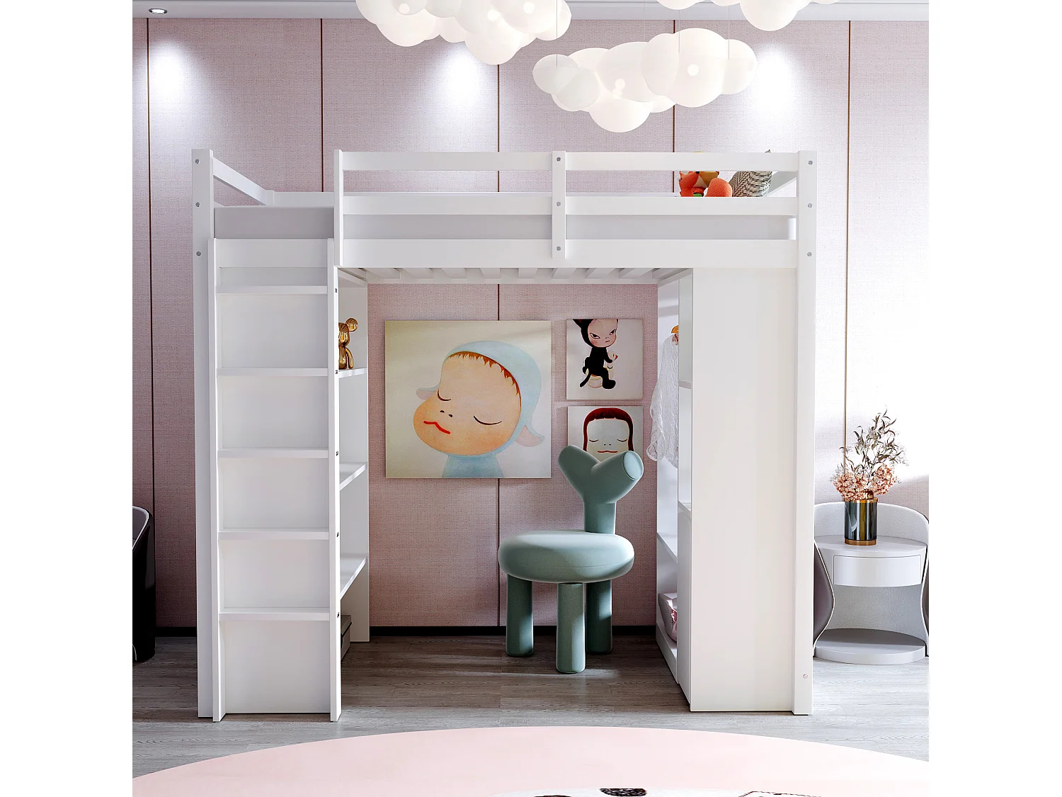 Lit mezzanine 90 x 200 cm, avec étagères multi-niveaux, penderie, tiroirs et chariot de rangement amovible, blanc (205x95x180 cm)