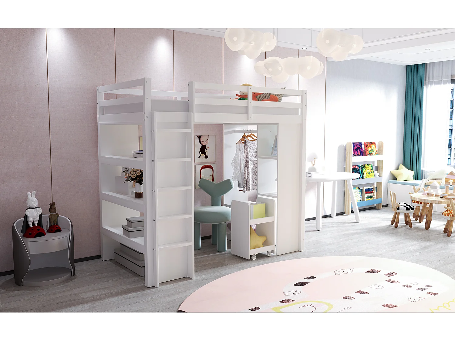 Lit mezzanine 90 x 200 cm, avec étagères multi-niveaux, penderie, tiroirs et chariot de rangement amovible, blanc (205x95x180 cm)