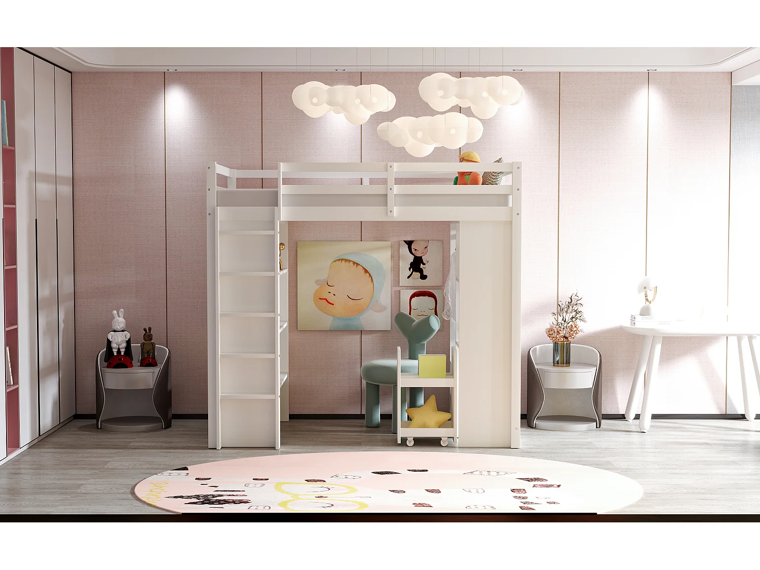 Lit mezzanine 90 x 200 cm, avec étagères multi-niveaux, penderie, tiroirs et chariot de rangement amovible, blanc (205x95x180 cm)