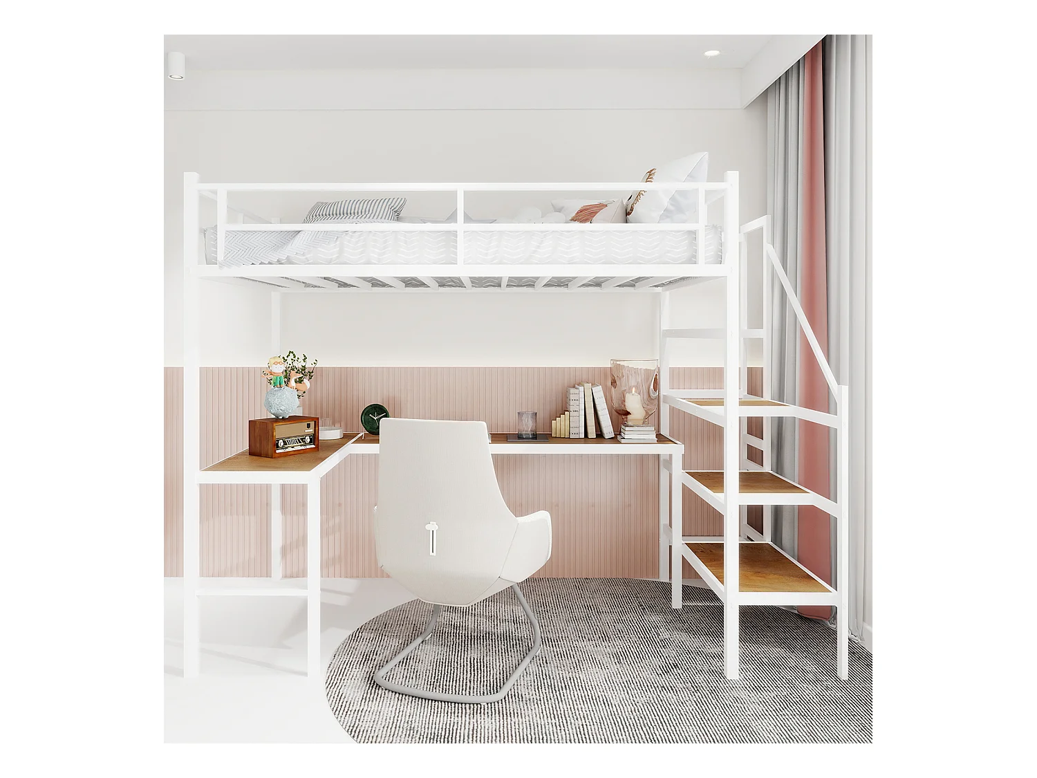 Lit mezzanine avec bureau en L, grand espace de rangement, structure métallique, couleur blanche (197x106x175.5 cm)