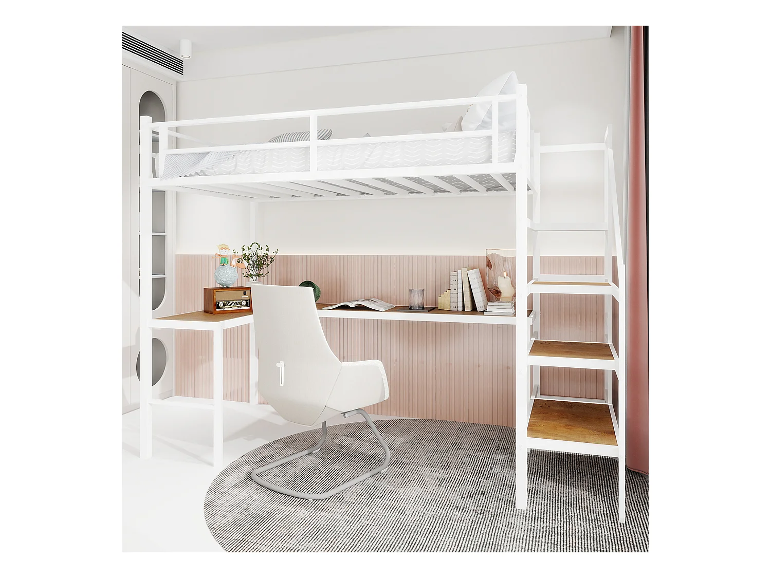 Lit mezzanine avec bureau en L, grand espace de rangement, structure métallique, couleur blanche (197x106x175.5 cm)