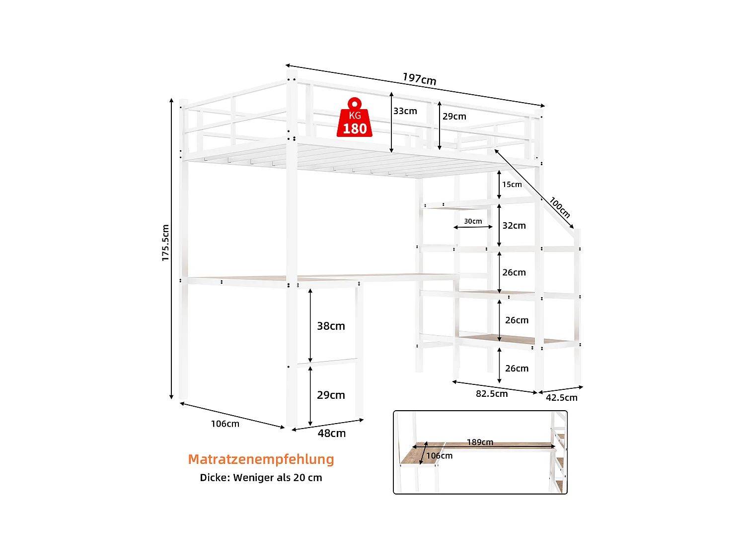 Lit mezzanine avec bureau en L, grand espace de rangement, structure métallique, couleur blanche (197x106x175.5 cm)