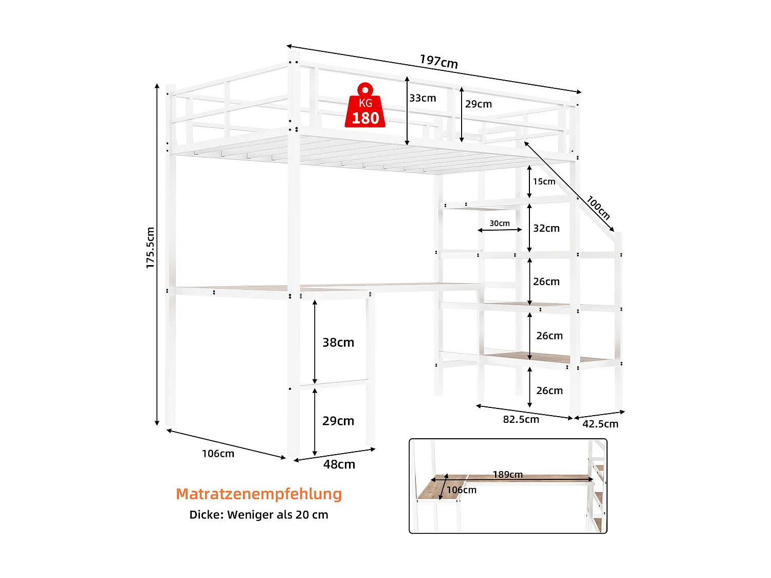 Lit mezzanine avec bureau en L, grand espace de rangement, structure métallique, couleur blanche (197x106x175.5 cm)