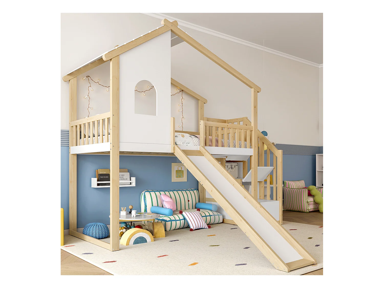 Lit mezzanine, 90x200 cm, avec barrière de sécurité, échelle de rangement, fenêtre, toboggan, design maison, naturel + blanc (256x221x206 cm)