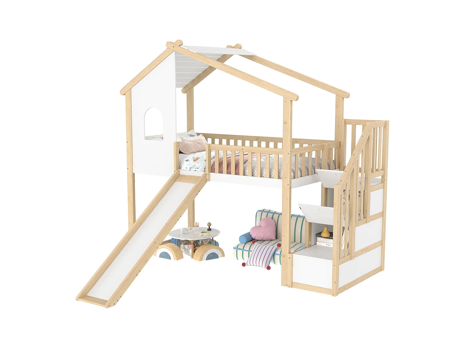 Lit mezzanine, 90x200 cm, avec barrière de sécurité, échelle de rangement, fenêtre, toboggan, design maison, naturel + blanc (256x221x206 cm)