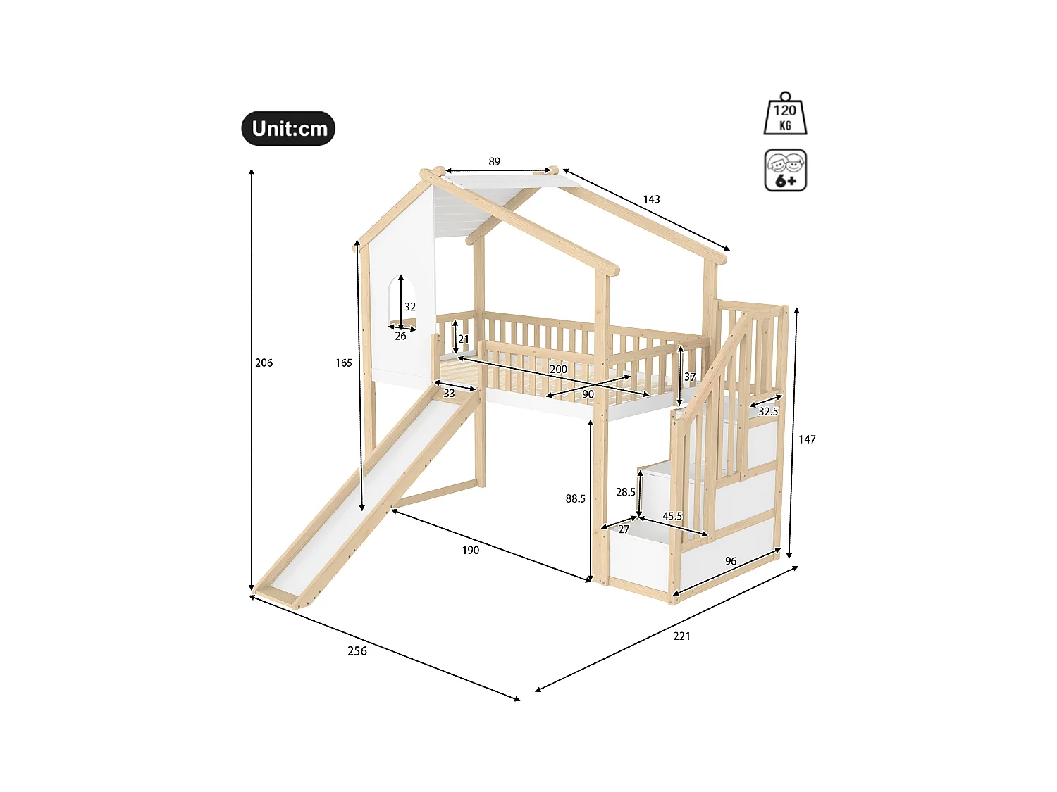 Lit mezzanine, 90x200 cm, avec barrière de sécurité, échelle de rangement, fenêtre, toboggan, design maison, naturel + blanc (256x221x206 cm)