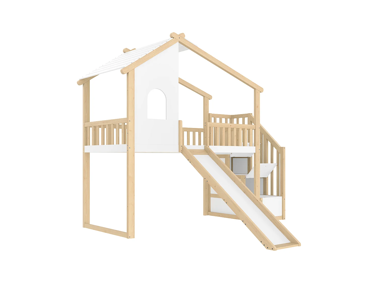 Lit mezzanine, 90x200 cm, avec barrière de sécurité, échelle de rangement, fenêtre, toboggan, design maison, naturel + blanc (256x221x206 cm)