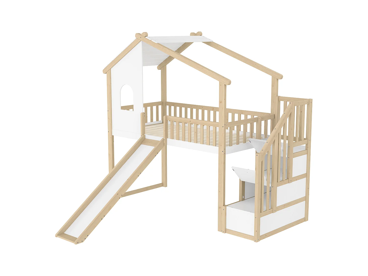 Lit mezzanine, 90x200 cm, avec barrière de sécurité, échelle de rangement, fenêtre, toboggan, design maison, naturel + blanc (256x221x206 cm)