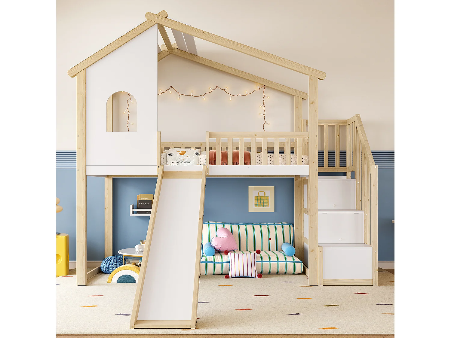 Cama alta de 90 x 200 cm con barandilla de seguridad, escalera de almacenaje, ventana y tobogán, diseño de interiores, color natural y blanco (256 x 221 x 206 cm)