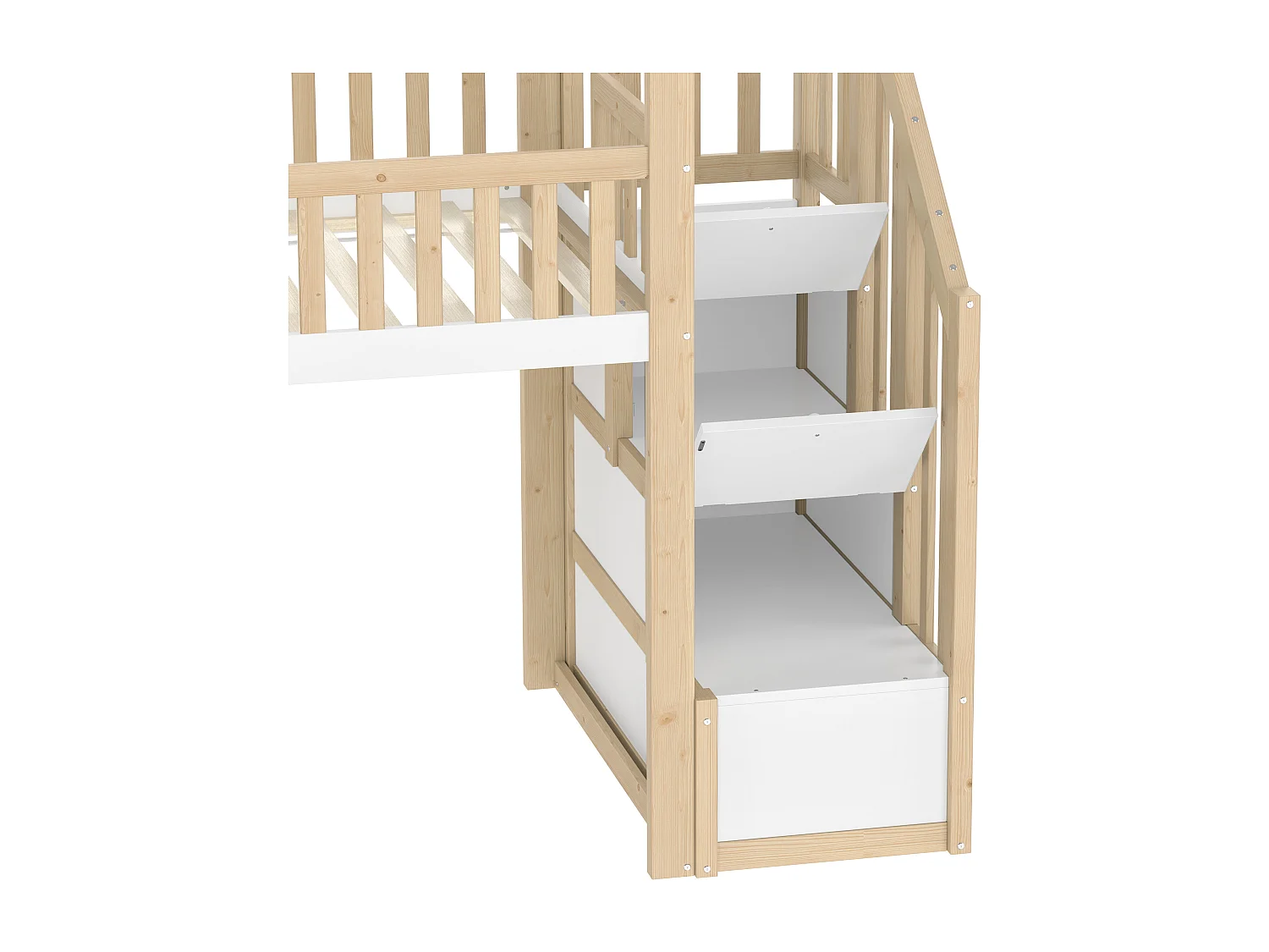 Cama alta de 90 x 200 cm con barandilla de seguridad, escalera de almacenaje, ventana y tobogán, diseño de interiores, color natural y blanco (256 x 221 x 206 cm)