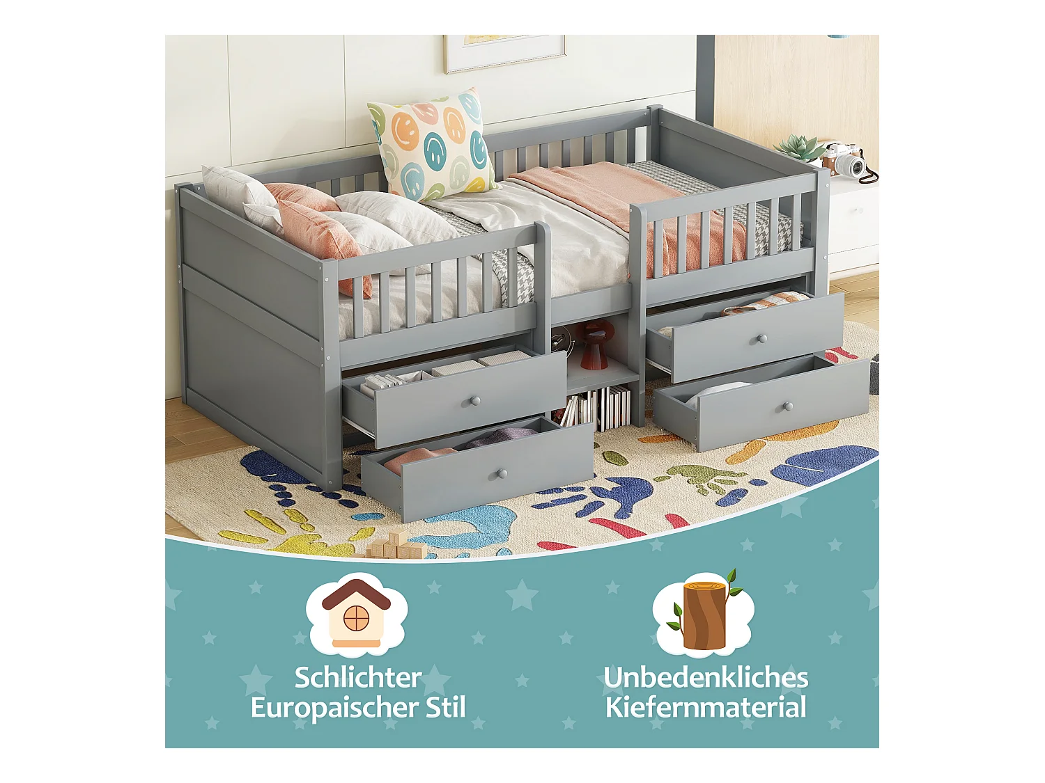 Lit mezzanine, 90x200 cm, avec 4 tiroirs, échelle, garde-corps, pin, style minimaliste, gris (204x99.5x80.5 cm)