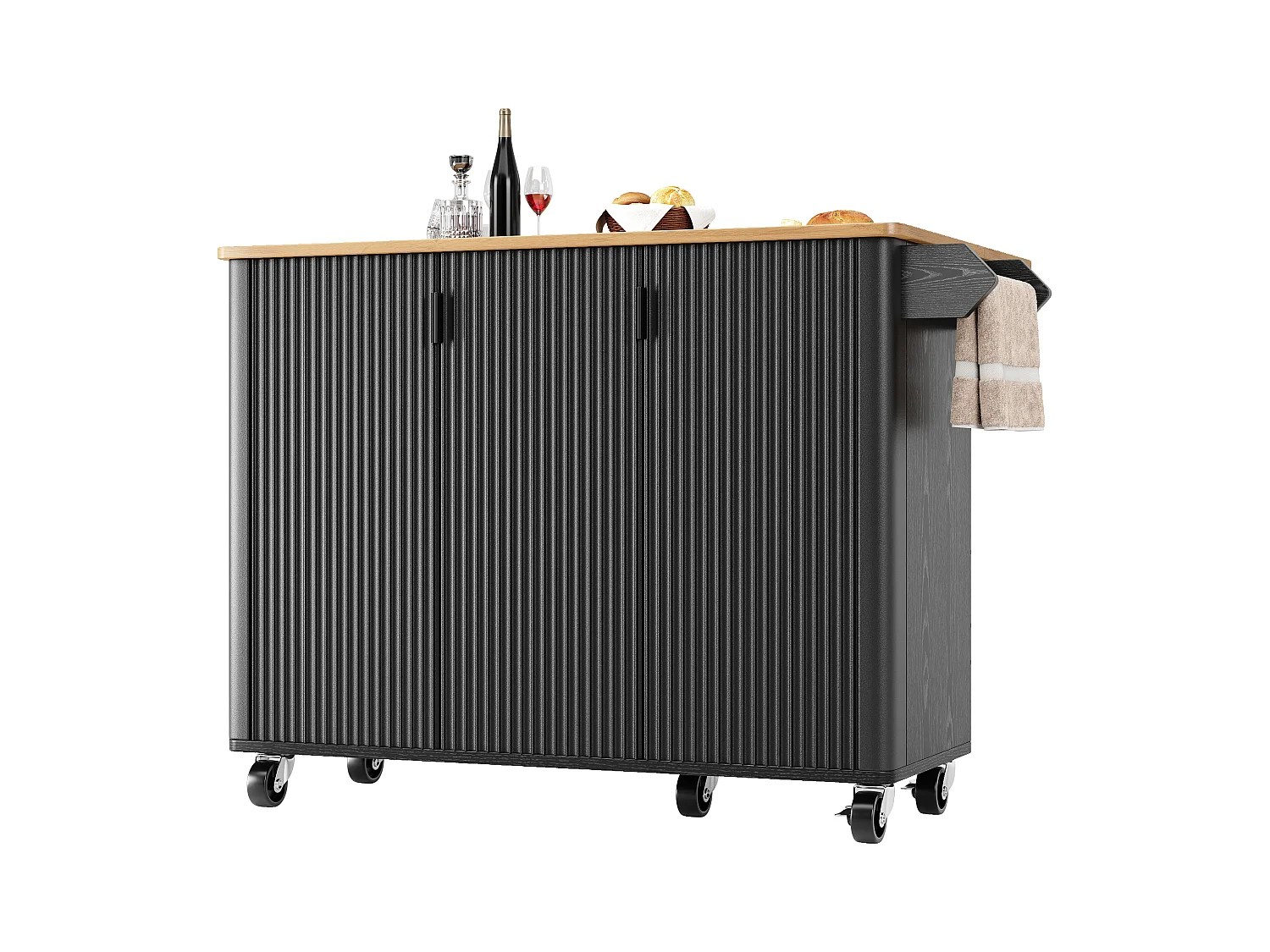 Îlot de cuisine mobile avec roulettes, plan de travail extensible, rangement avec porte-serviettes et étagères réglables (130x45(75)x92 cm)