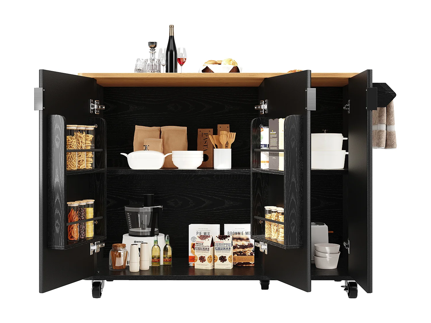 Îlot de cuisine mobile avec roulettes, plan de travail extensible, rangement avec porte-serviettes et étagères réglables (130x45(75)x92 cm)