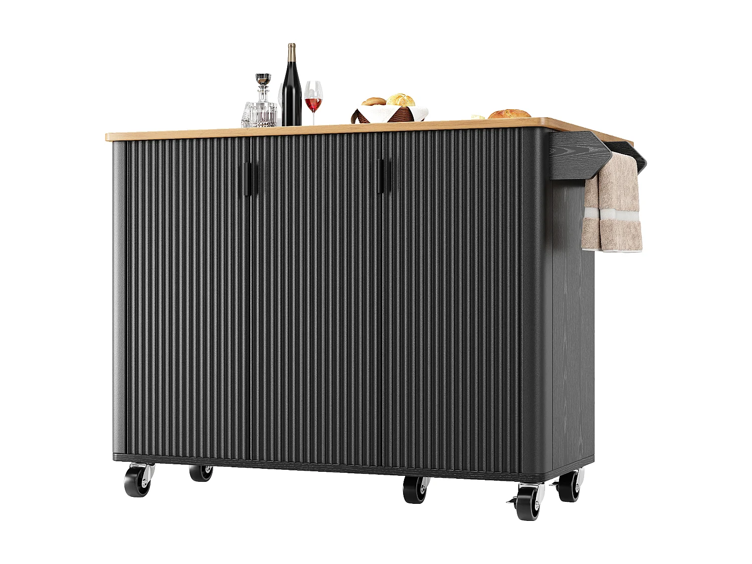 Îlot de cuisine mobile avec roulettes, plan de travail extensible, rangement avec porte-serviettes et étagères réglables (130x45(75)x92 cm)