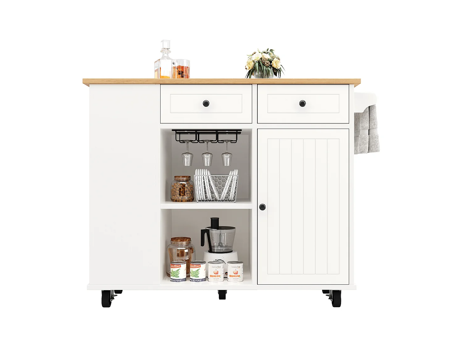 Îlot de cuisine avec cloisons amovibles, plan de travail, MDF et métal, blanc (120x42x91.5 cm)