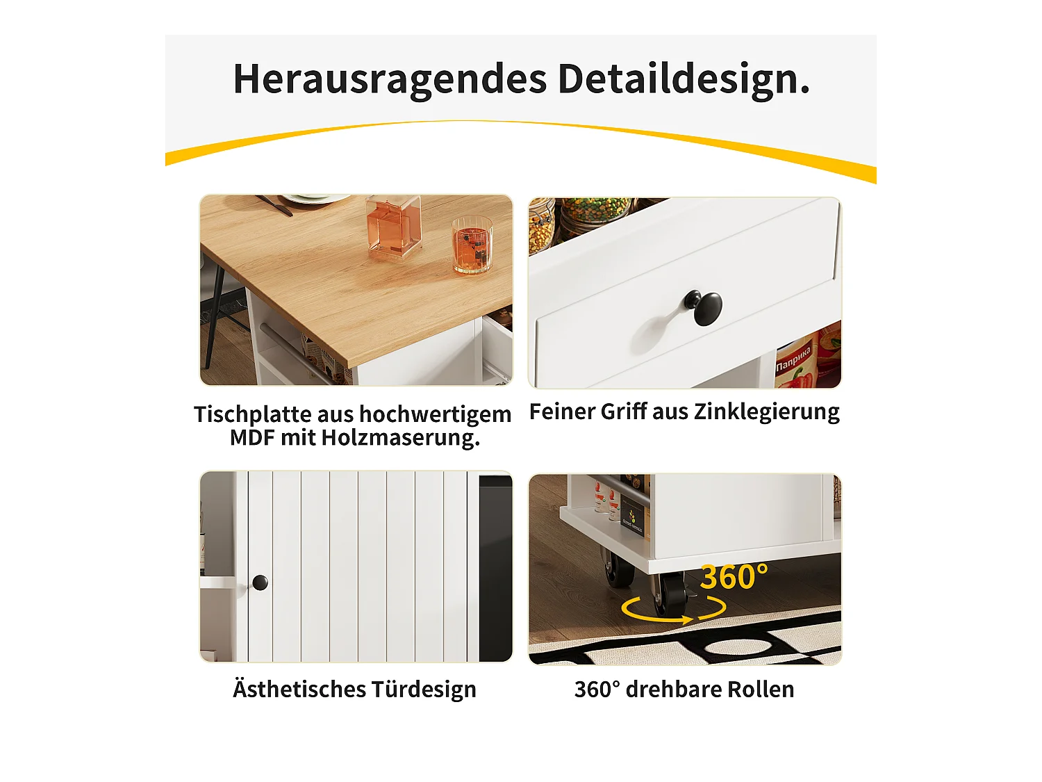 Îlot de cuisine avec cloisons amovibles, plan de travail, MDF et métal, blanc (120x42x91.5 cm)