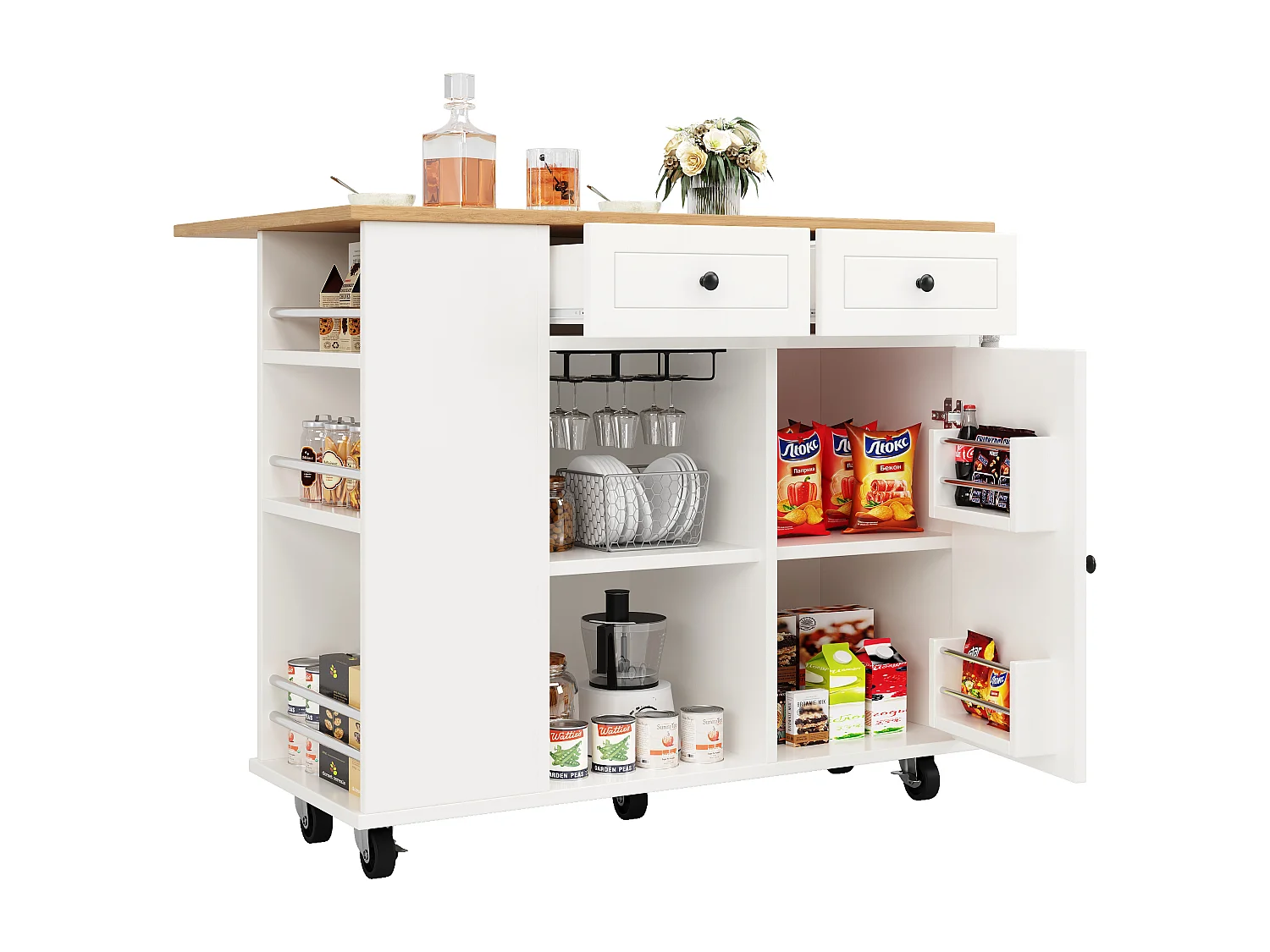 Îlot de cuisine avec cloisons amovibles, plan de travail, MDF et métal, blanc (120x42x91.5 cm)