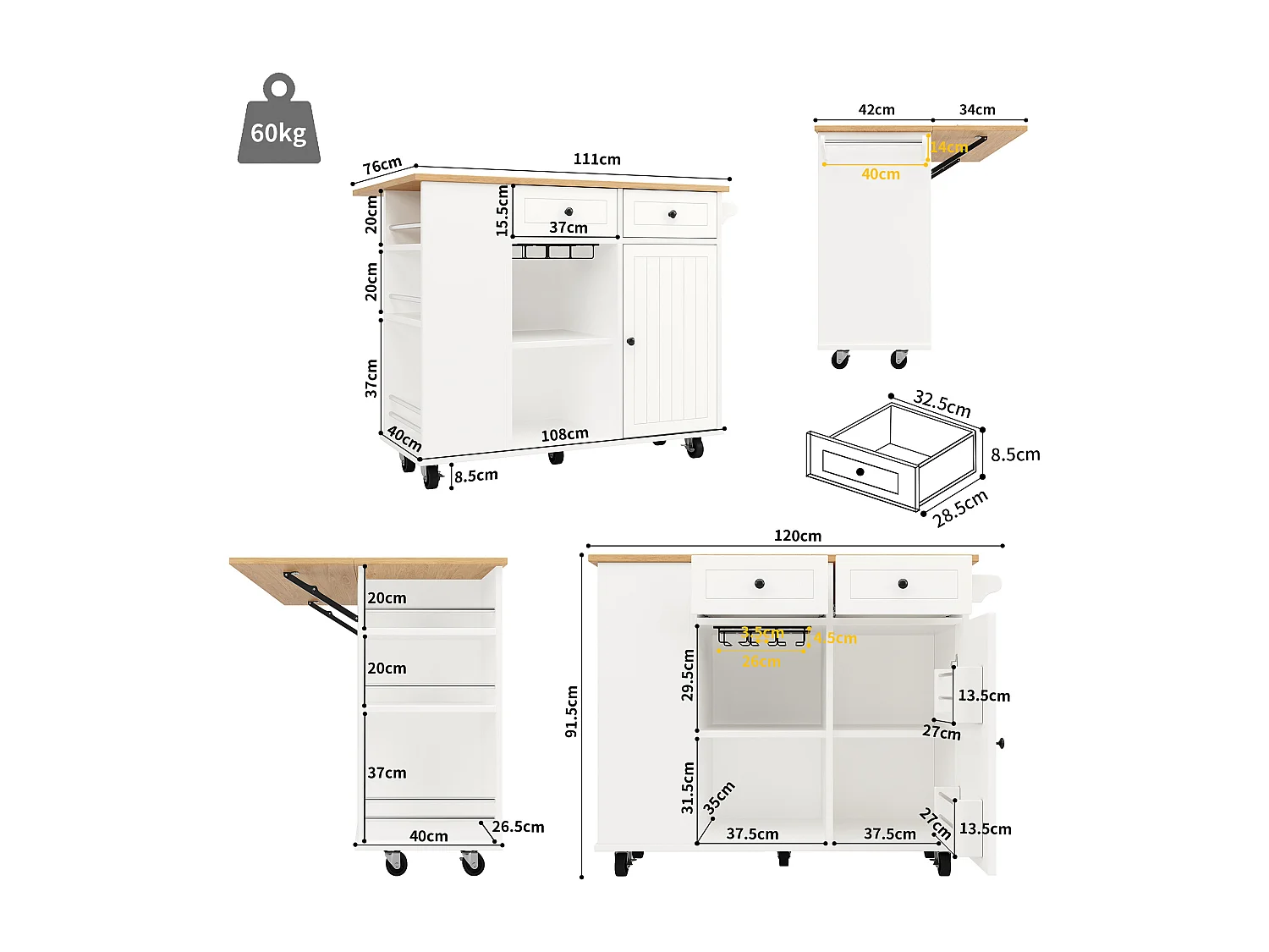 Îlot de cuisine avec cloisons amovibles, plan de travail, MDF et métal, blanc (120x42x91.5 cm)