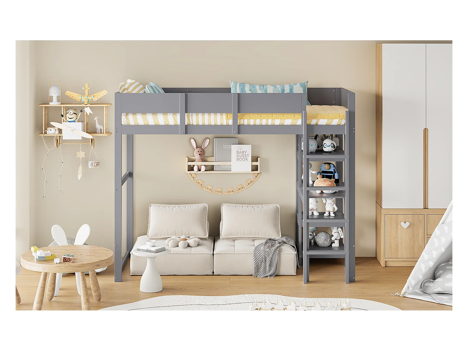 Lit mezzanine avec étagère de rangement, structure en bois massif, gris, 90x200 cm, (204x96x160 cm)