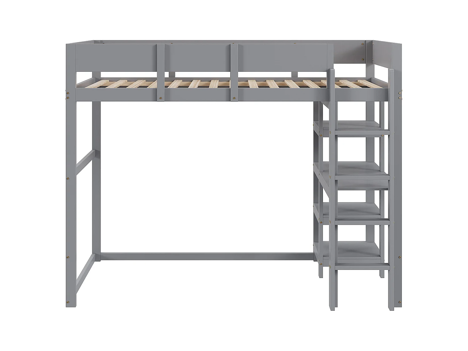 Lit mezzanine avec étagère de rangement, structure en bois massif, gris, 90x200 cm, (204x96x160 cm)