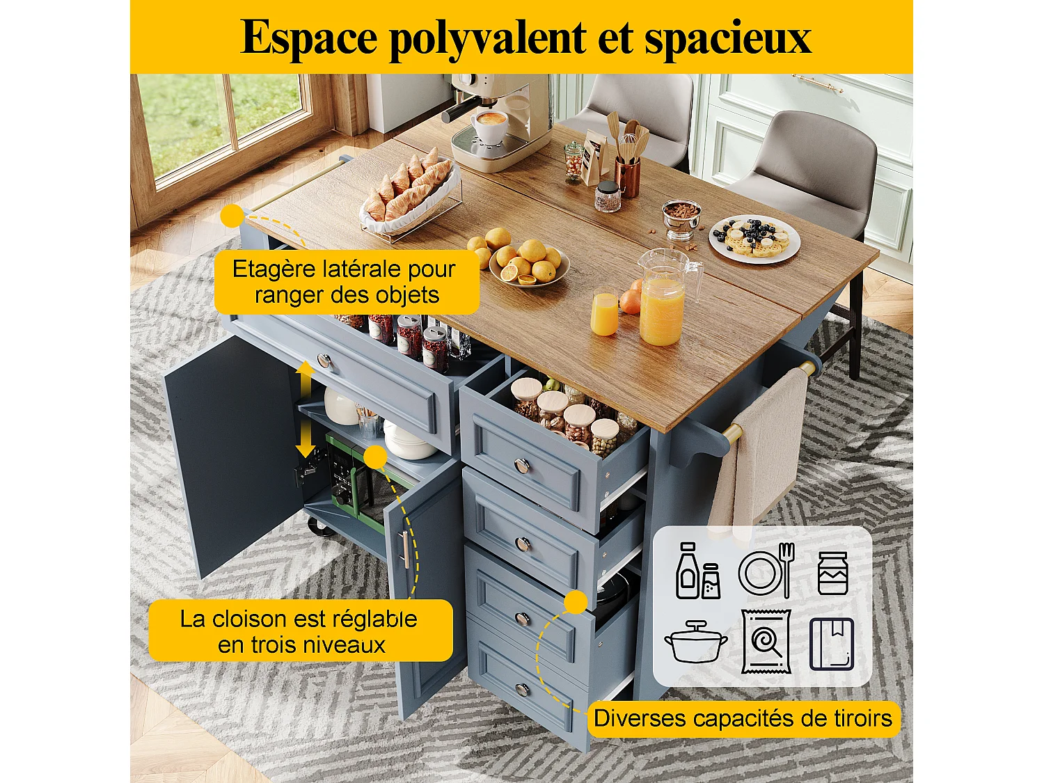 Isla de cocina multifuncional con encimera abatible, mueble servidor extraíble, aparador vintage, espacio de almacenamiento, MDF, Azul (110x45-75x92 cm)