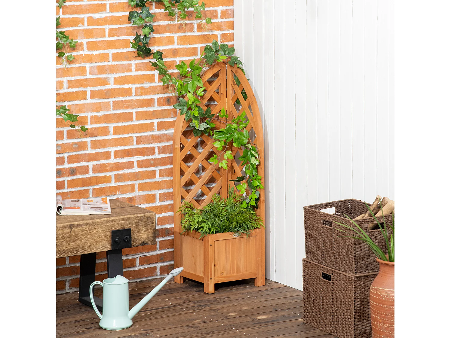Bloempotten met trellis voor klimplanten, natuurlijk hout, bruin (32x32x108 cm)