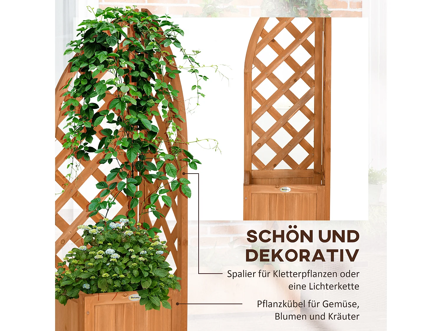 Bloempotten met trellis voor klimplanten, natuurlijk hout, bruin (32x32x108 cm)