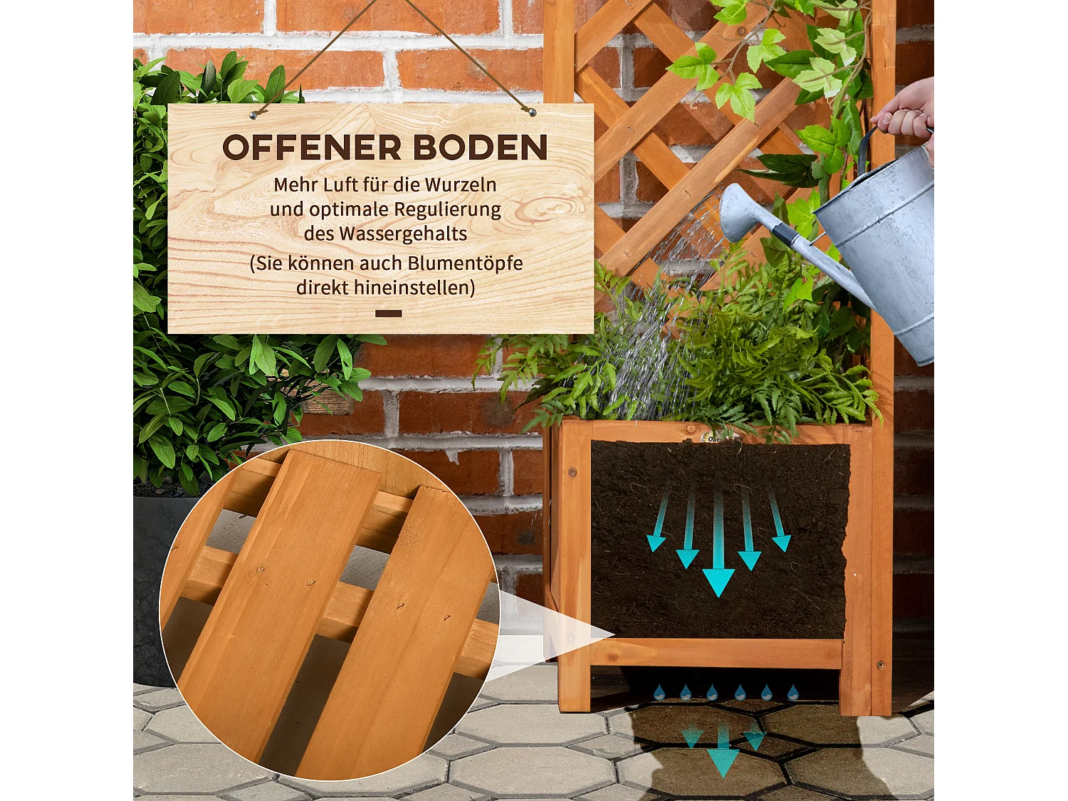 Bloempotten met trellis voor klimplanten, natuurlijk hout, bruin (32x32x108 cm)