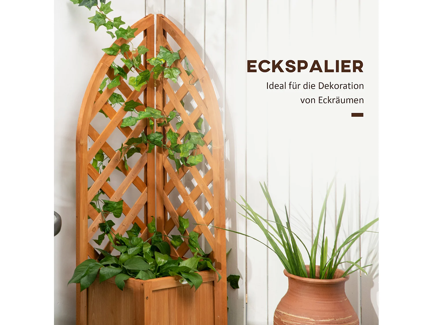 Bloempotten met trellis voor klimplanten, natuurlijk hout, bruin (32x32x108 cm)