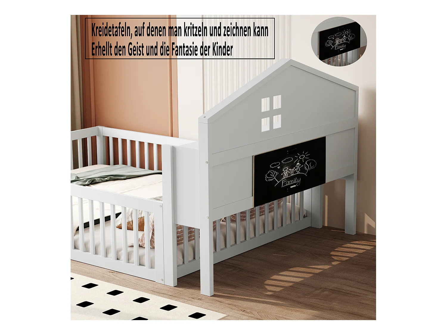 Lit mezzanine 140x200 cm avec tête de lit, étagères, porte, protection, cadre en bois, blanc (235x145x115 cm)