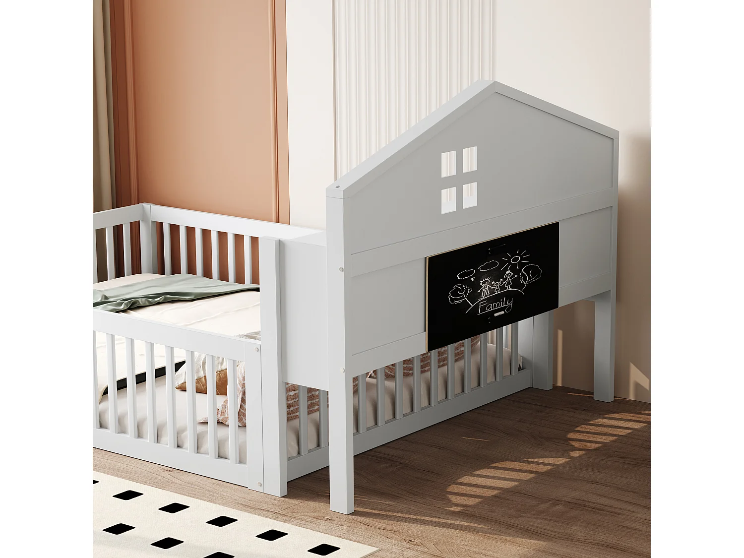 Lit mezzanine 140x200 cm avec tête de lit, étagères, porte, protection, cadre en bois, blanc (235x145x115 cm)