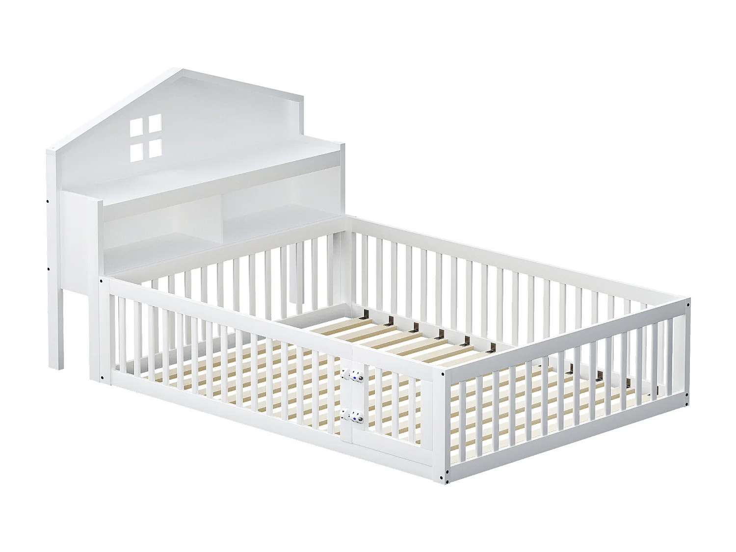 Lit mezzanine 140x200 cm avec tête de lit, étagères, porte, protection, cadre en bois, blanc (235x145x115 cm)